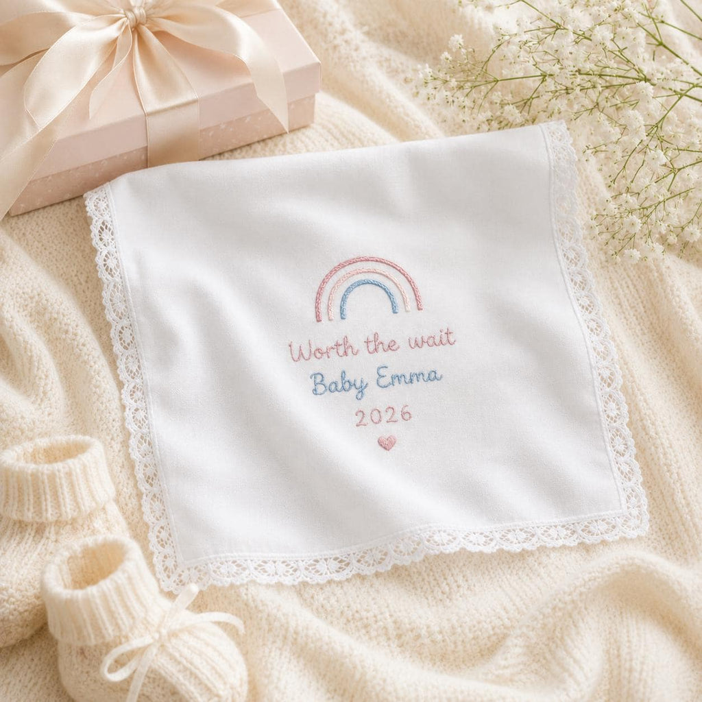 Personalized Baby Handkerchief, Custom Embroidered Rainbow Baby Hanky, Baby Shower Keepsake Gift