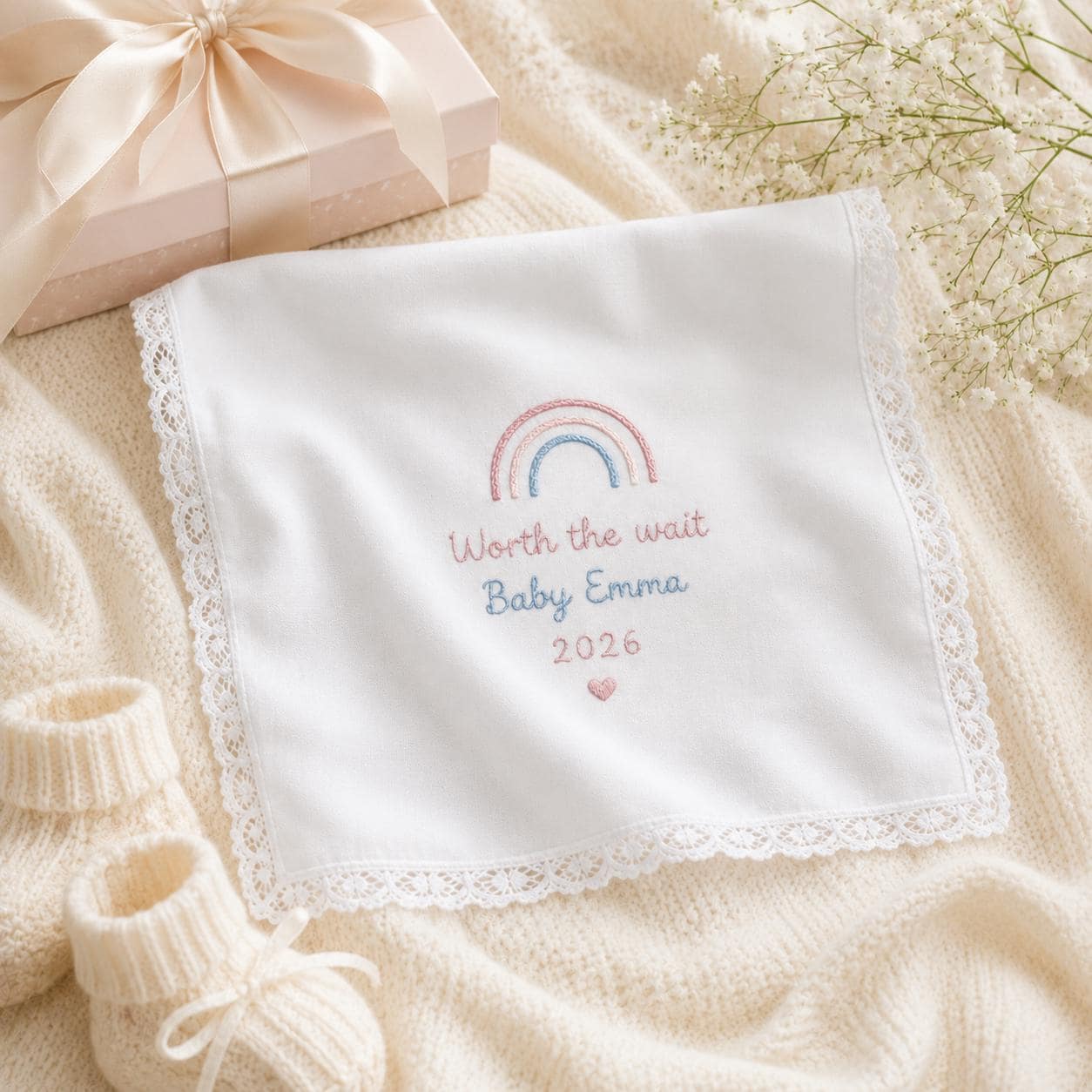 Personalized Baby Handkerchief, Custom Embroidered Rainbow Baby Hanky, Baby Shower Keepsake Gift