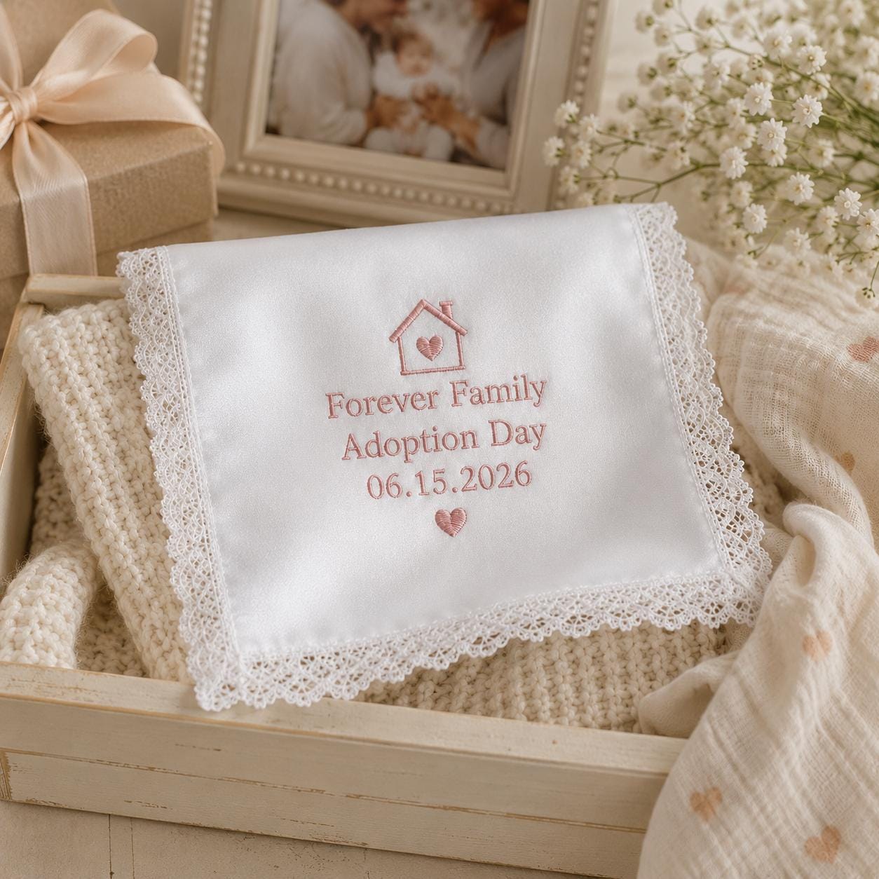 Personalized Adoption Day Handkerchief, Custom Embroidered Family Hanky, Forever Family Keepsake Gift