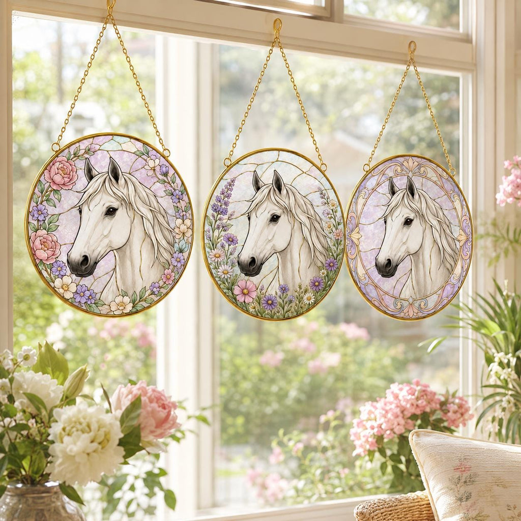 Custom Horse Portrait Stained Glass Suncatcher, Personalized Horse Photo Window Hanging, Golden Frame - product image 5