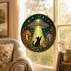 UFO Cat Stained Glass Suncatcher, Alien Cat Window Hanging Decor, Golden Frame Funny Cat Lover – product photo 5