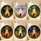UFO Cat Stained Glass Suncatcher, Alien Cat Window Hanging Decor, Golden Frame Funny Cat Lover – product photo 2