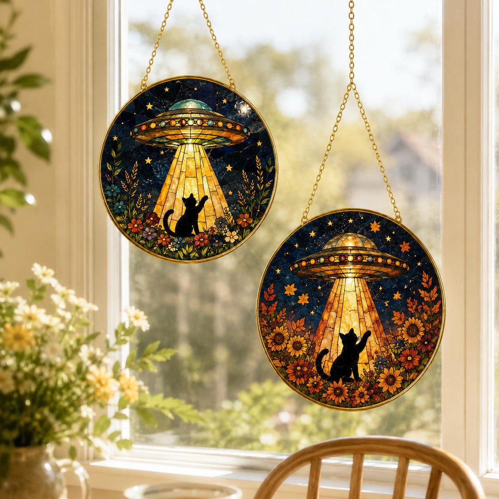 UFO Cat Stained Glass Suncatcher, Alien Cat Window Hanging Decor, Golden Frame Funny Cat Lover Gift - product image 10