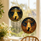 UFO Cat Stained Glass Suncatcher, Alien Cat Window Hanging Decor, Golden Frame Funny Cat Lover – product photo 10