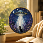 UFO Cat Stained Glass Suncatcher, Alien Cat Window Hanging Decor, Golden Frame Space Cat Lover – product photo 8
