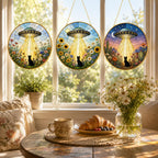 UFO Cat Stained Glass Suncatcher, Alien Cat Window Hanging Decor, Golden Frame Space Cat Lover – product photo 7