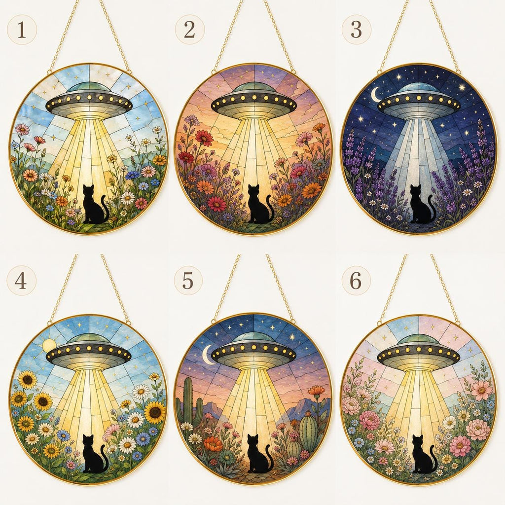 UFO Cat Stained Glass Suncatcher, Alien Cat Window Hanging Decor, Golden Frame Space Cat Lover Gift - product image 2