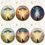 UFO Cat Stained Glass Suncatcher, Alien Cat Window Hanging Decor, Golden Frame Space Cat Lover – product photo 2