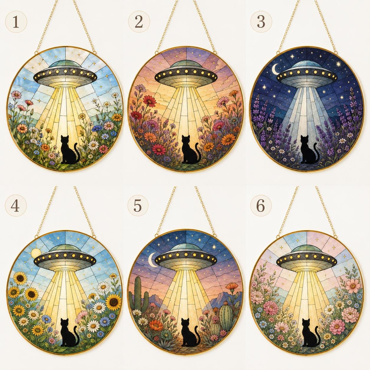 UFO Cat Stained Glass Suncatcher, Alien Cat Window Hanging Decor, Golden Frame Space Cat Lover Gift - product image 2