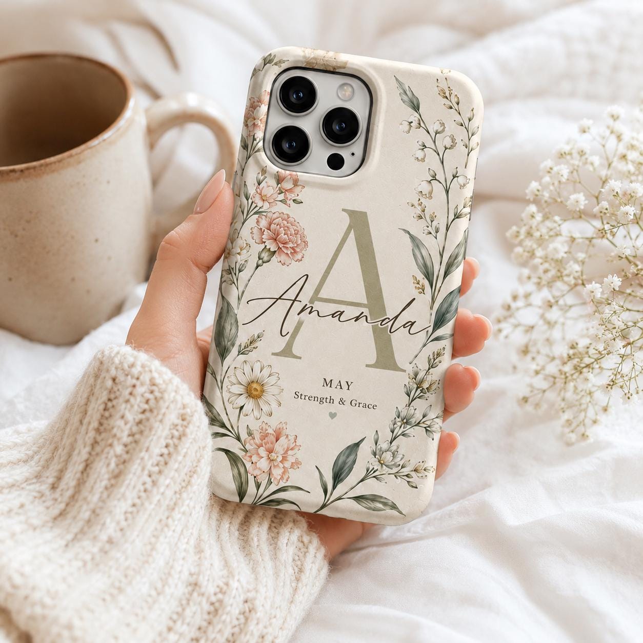 Birth Flower Phone Case, Personalized Initial Name Case, Custom Floral Month Gift For Her