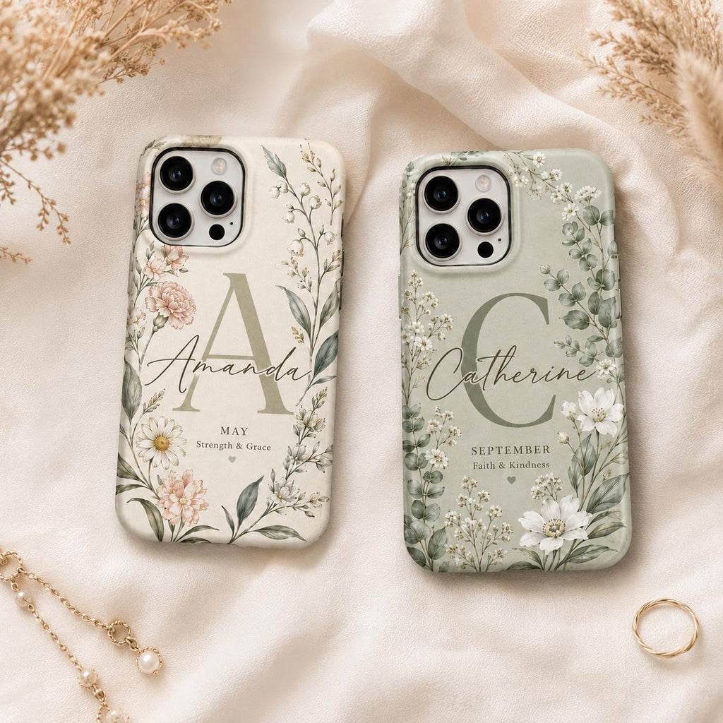 Birth Flower Phone Case, Personalized Initial Name Case, Custom Floral Month Gift For Her