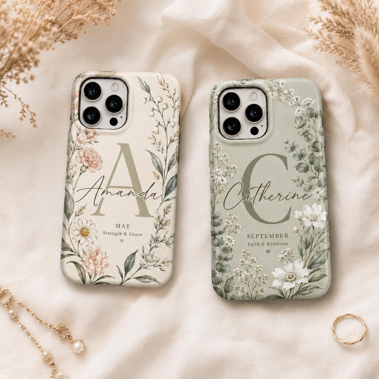 Birth Flower Phone Case, Personalized Initial Name Case, Custom Floral Month Gift For Her