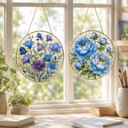 Blue Floral Stained Glass Suncatcher, Golden Frame Flower Window Hanging Decor – product photo 4