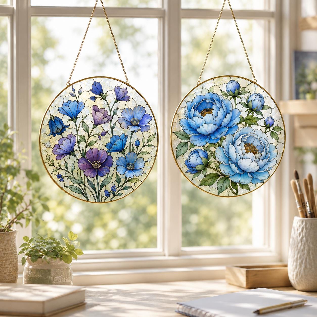 Blue Floral Stained Glass Suncatcher, Golden Frame Flower Window Hanging Decor, Botanical Gift for Her - product image 4