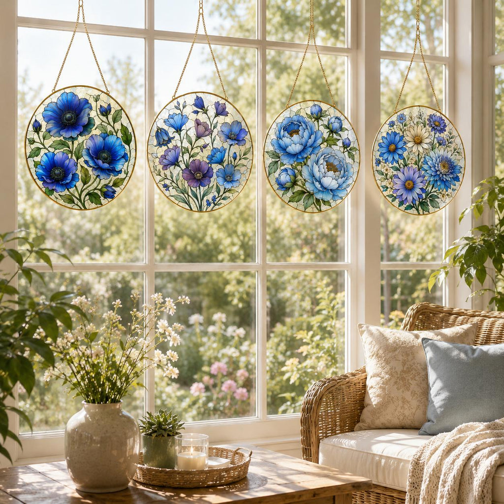 Blue Floral Stained Glass Suncatcher, Golden Frame Flower Window Hanging Decor, Botanical Gift for Her - product image 5