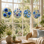 Blue Floral Stained Glass Suncatcher, Golden Frame Flower Window Hanging Decor – product photo 5