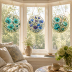 Blue Floral Stained Glass Suncatcher, Golden Frame Flower Window Hanging Decor – product photo 6