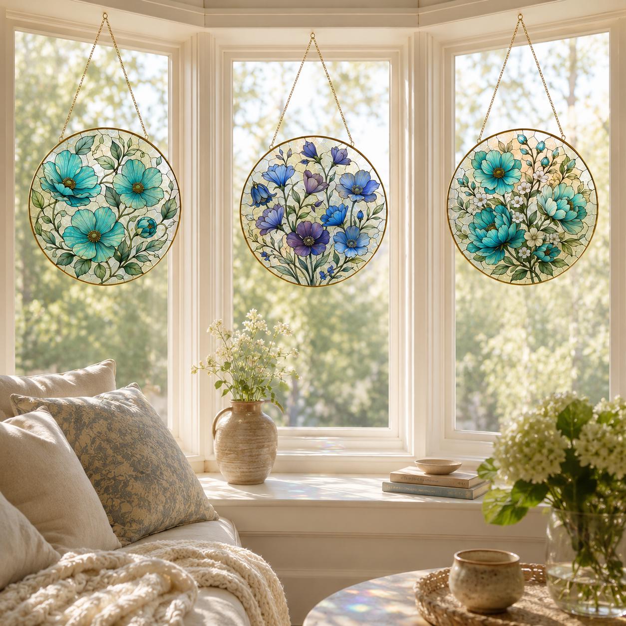 Blue Floral Stained Glass Suncatcher, Golden Frame Flower Window Hanging Decor, Botanical Gift for Her - product image 6