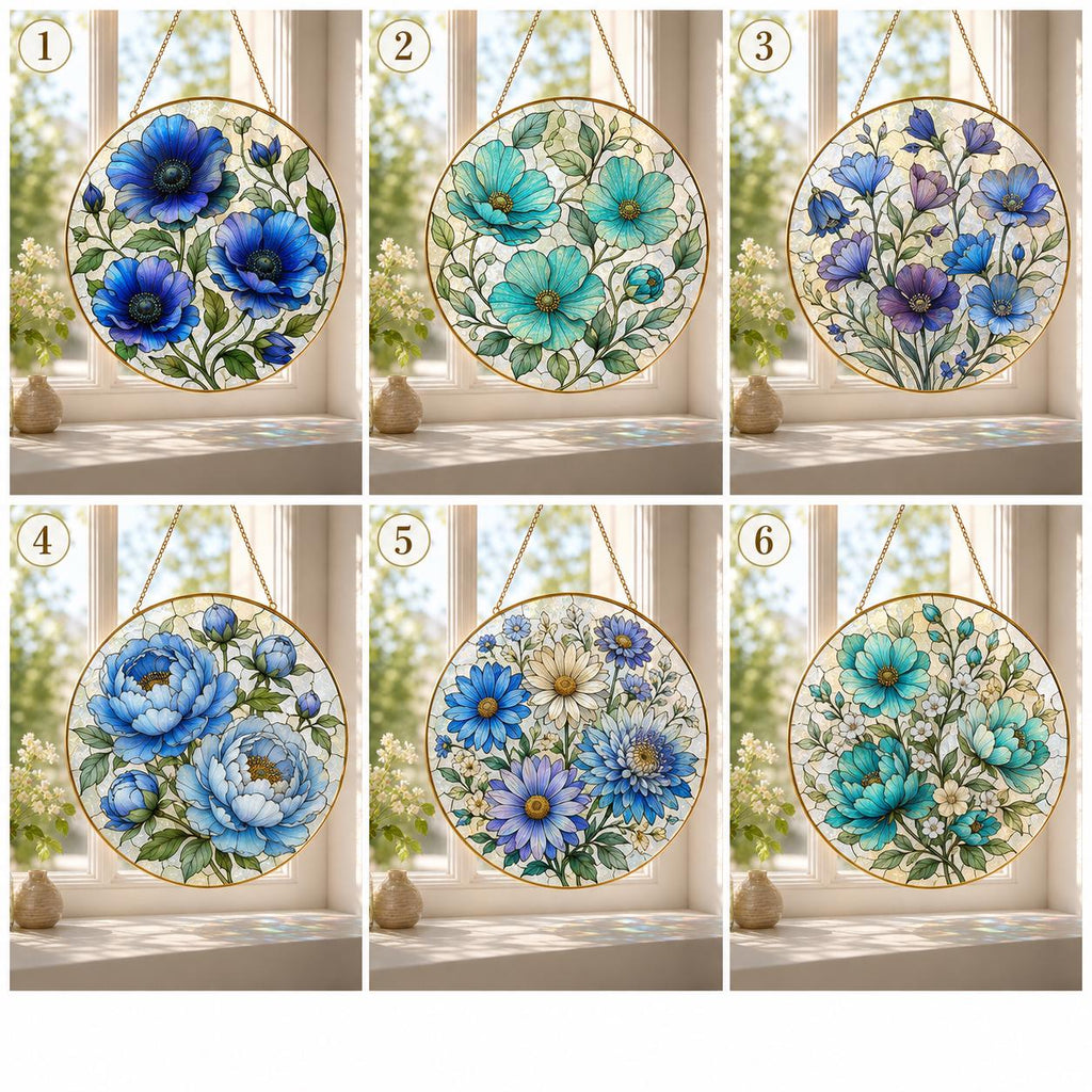 Blue Floral Stained Glass Suncatcher, Golden Frame Flower Window Hanging Decor, Botanical Gift for Her - product image 2
