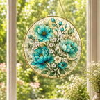 Blue Floral Stained Glass Suncatcher, Golden Frame Flower Window Hanging Decor – product photo 7