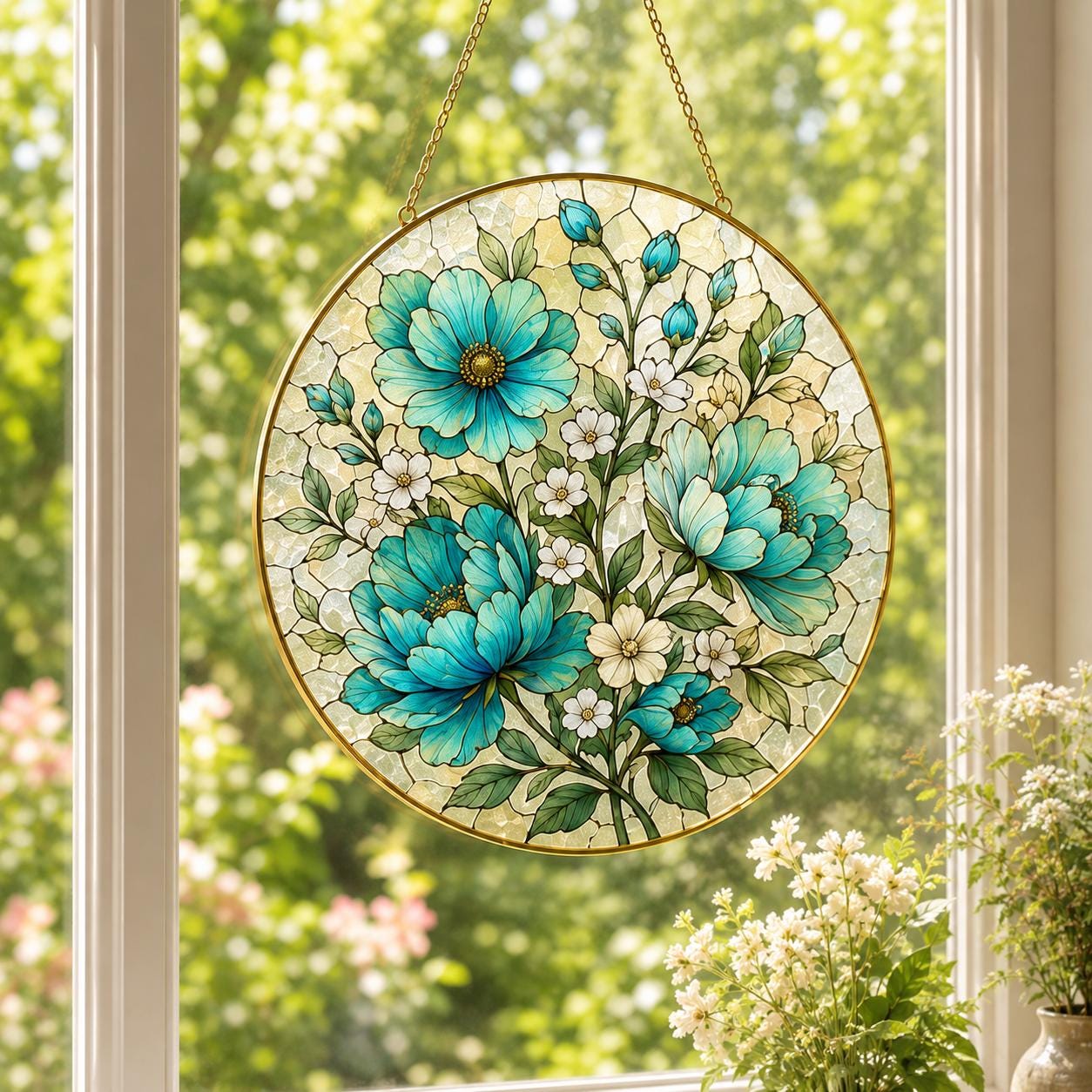 Blue Floral Stained Glass Suncatcher, Golden Frame Flower Window Hanging Decor, Botanical Gift for Her - product image 7