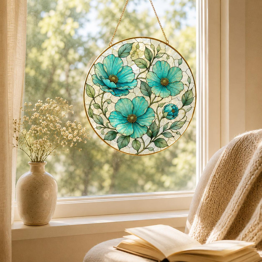 Blue Floral Stained Glass Suncatcher, Golden Frame Flower Window Hanging Decor, Botanical Gift for Her - product image 9