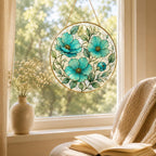 Blue Floral Stained Glass Suncatcher, Golden Frame Flower Window Hanging Decor – product photo 9