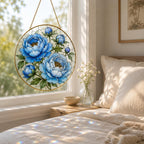 Blue Floral Stained Glass Suncatcher, Golden Frame Flower Window Hanging Decor – product photo 10