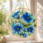 Blue Floral Stained Glass Suncatcher, Golden Frame Flower Window Hanging Decor – main product view