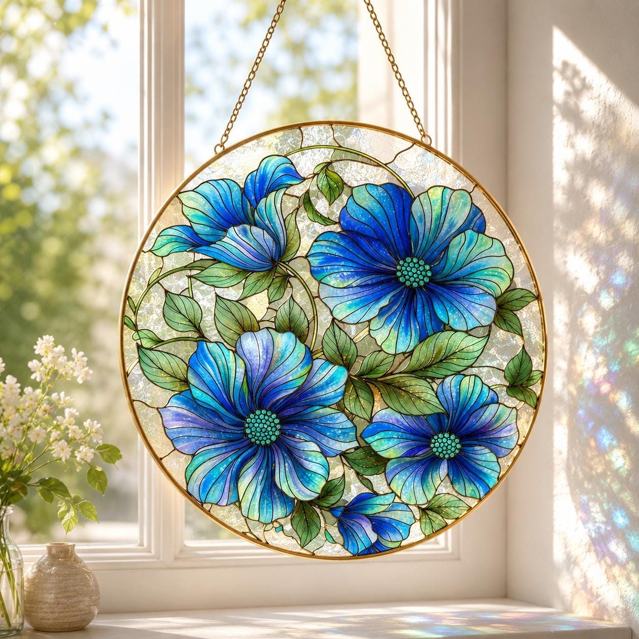 Blue Floral Stained Glass Suncatcher, Golden Frame Flower Window Hanging Decor, Botanical Gift for Her - product image 1