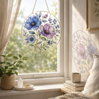 Blue Floral Stained Glass Suncatcher, Golden Frame Botanical Window Hanging Decor – product photo 8