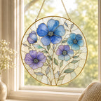 Blue Floral Stained Glass Suncatcher, Golden Frame Botanical Window Hanging Decor – main product view