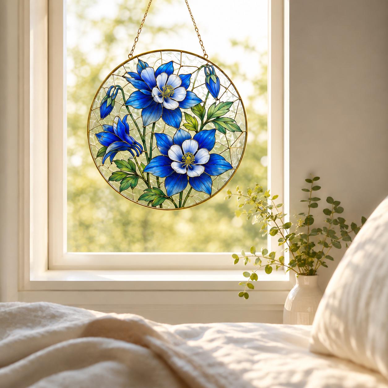 Colorado Blue Columbine Stained Glass Suncatcher, Golden Frame Floral Window Hanging Decor, Blue Flower - product image 4