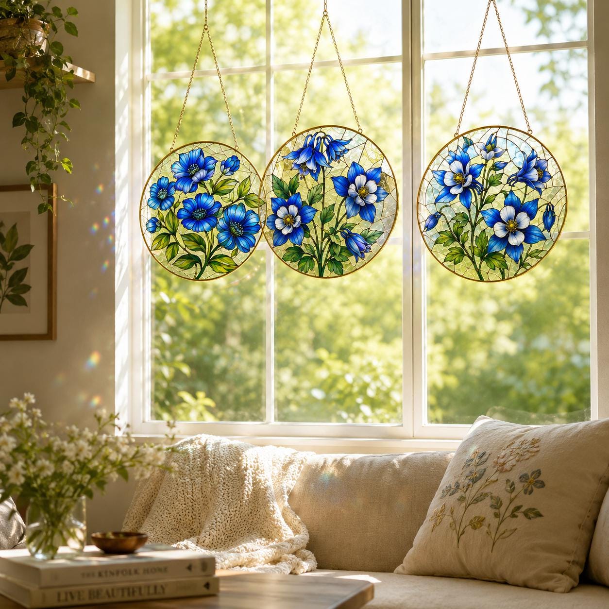 Colorado Blue Columbine Stained Glass Suncatcher, Golden Frame Floral Window Hanging Decor, Blue Flower - product image 5