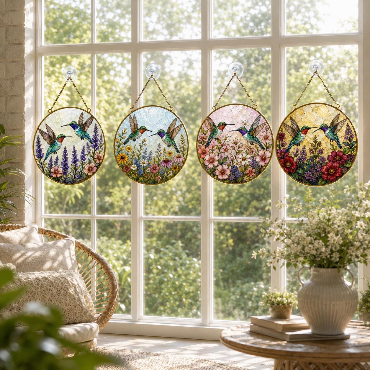 Hummingbird Stained Glass Suncatcher, Golden Frame Floral Window Hanging Decor, Lavender Garden Gift for - product image 9