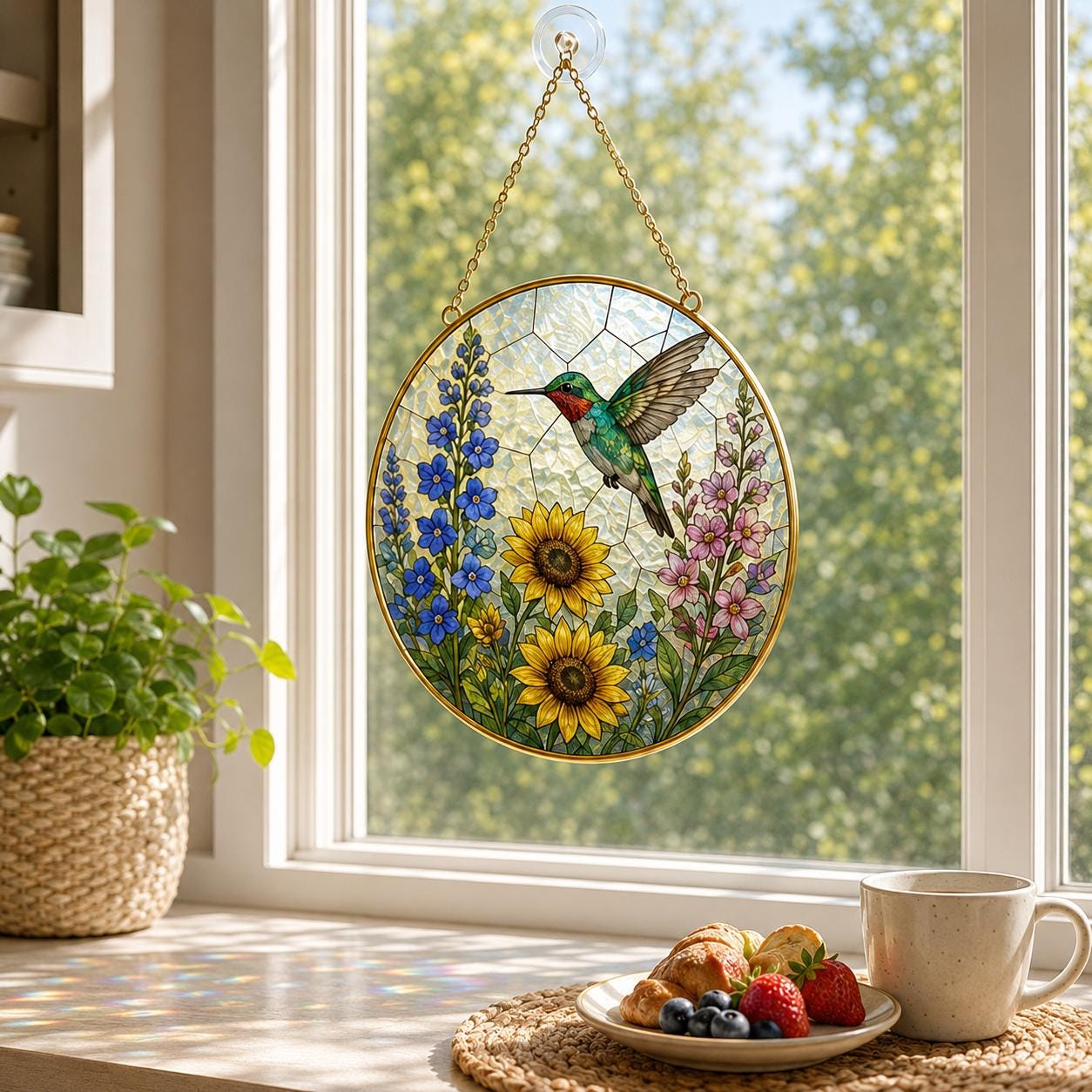 Hummingbird Suncatcher, Floral Window Hanging, Glass Bird Art - product image 5