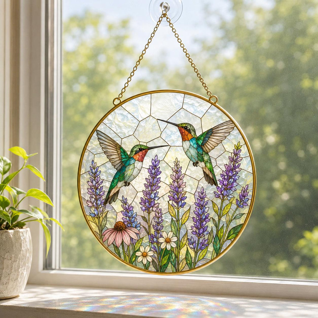 Hummingbird Suncatcher, Floral Window Hanging, Glass Bird Art - product image 1