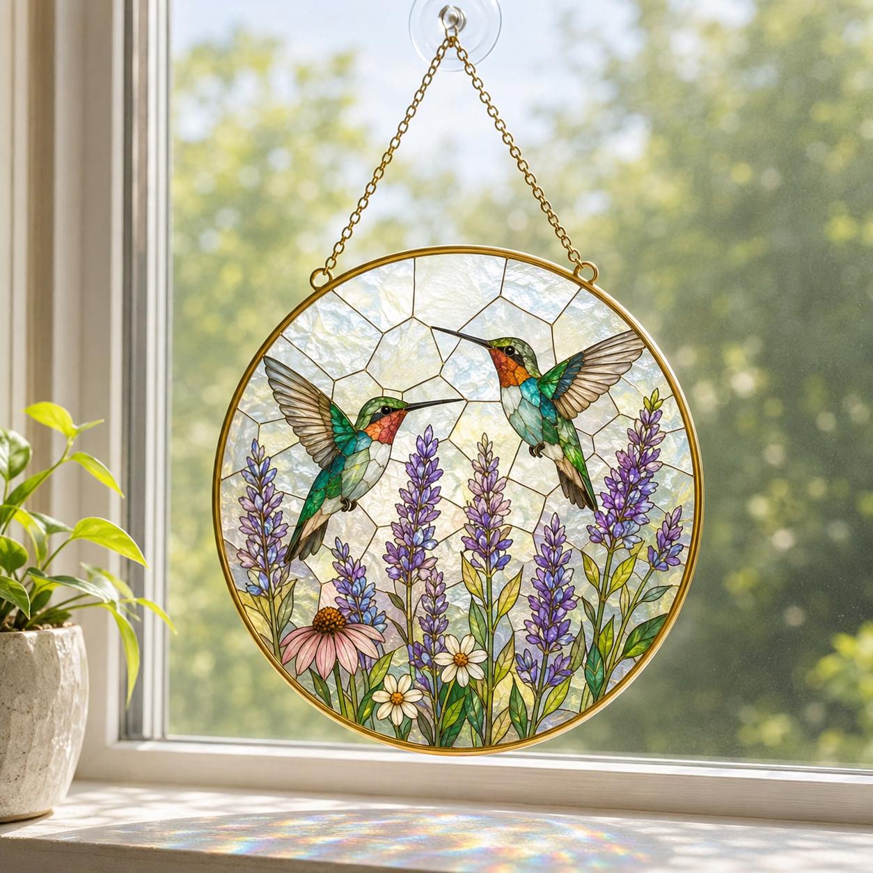 Hummingbird Suncatcher, Floral Window Hanging, Glass Bird Art - product image 1