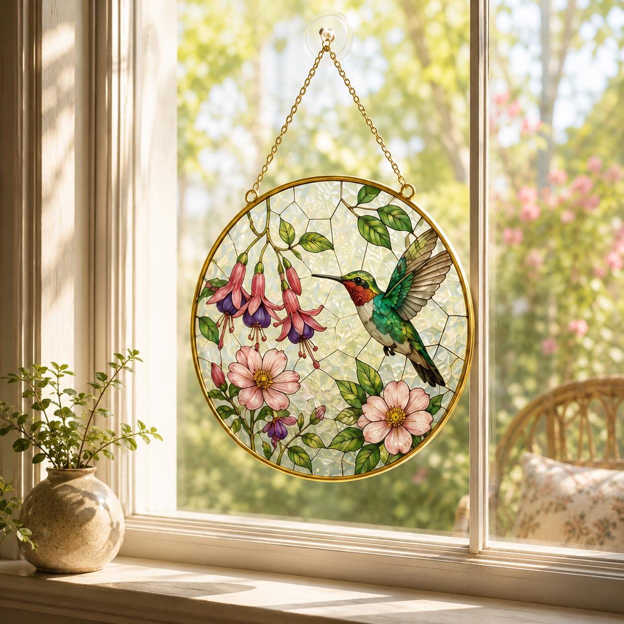 Hummingbird Suncatcher, Floral Window Hanging, Glass Bird Art - product image 10