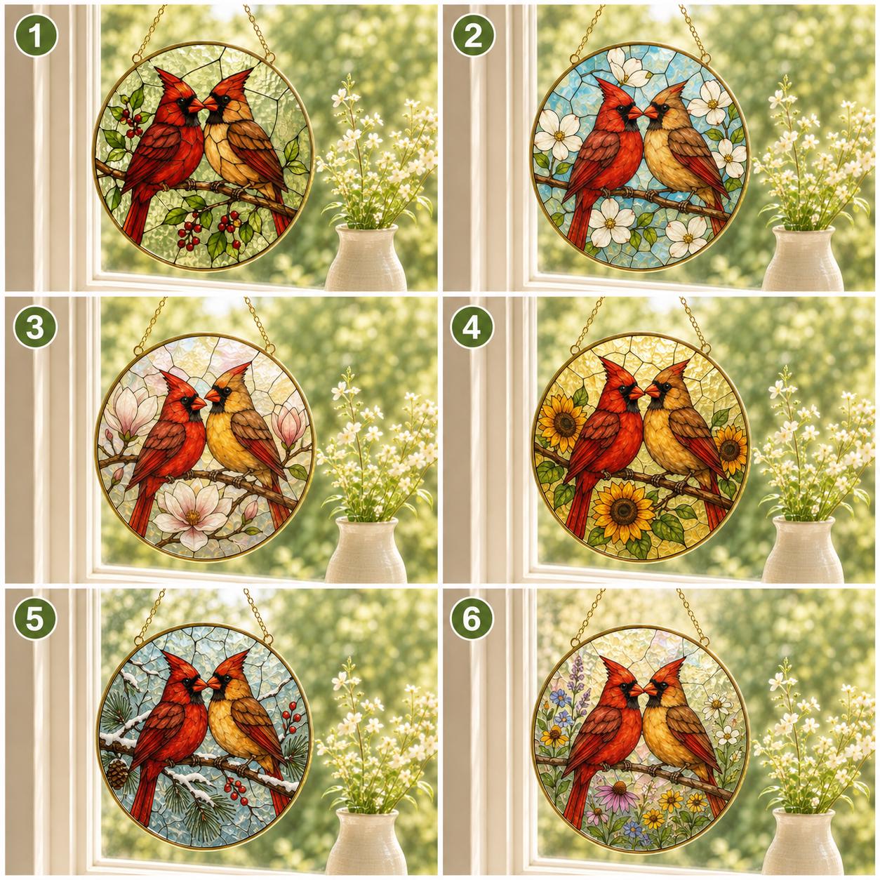 Cardinal Couple Stained Glass Suncatcher, Golden Frame Bird Window Hanging Decor, Memorial Gift for - product image 2