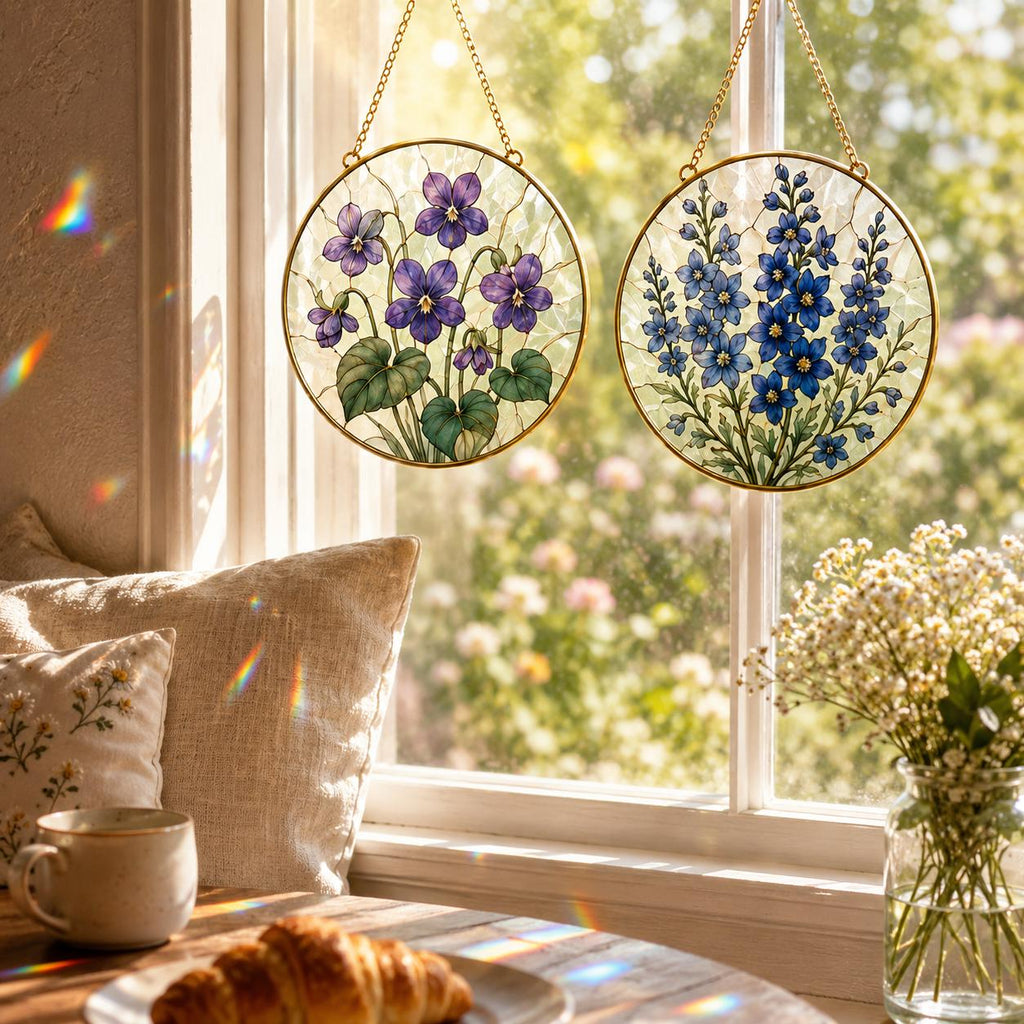 Birth Month Flower Stained Glass Suncatcher, Golden Frame Floral Window Hanging Decor, Personalized - product image 6