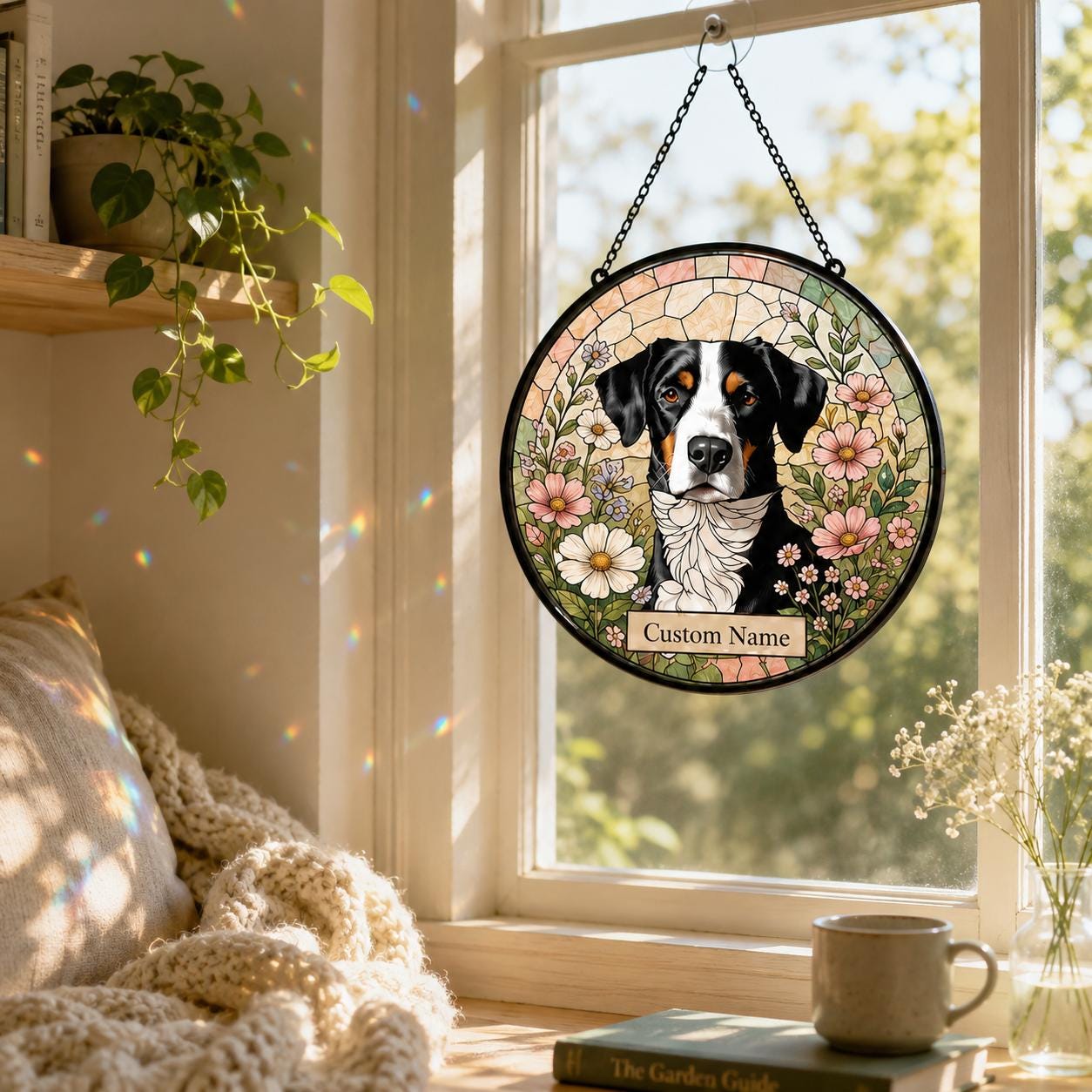 Custom Dog Portrait Stained Glass Suncatcher, Personalized Pet Photo Window Hanging, Dog Memorial Gift - product image 10