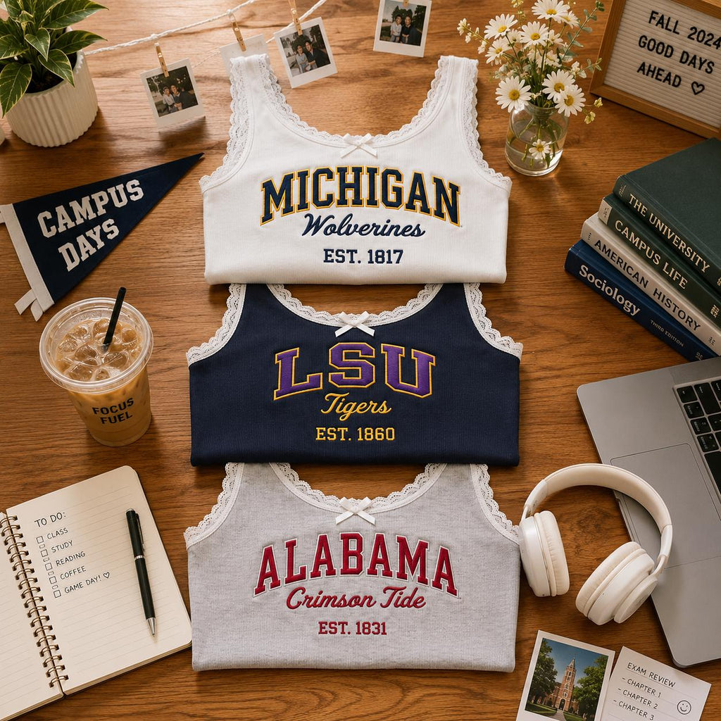 Custom College Tank Top, Embroidered Lace Trim Cami, Personalized University Game Day Shirt, College Gift