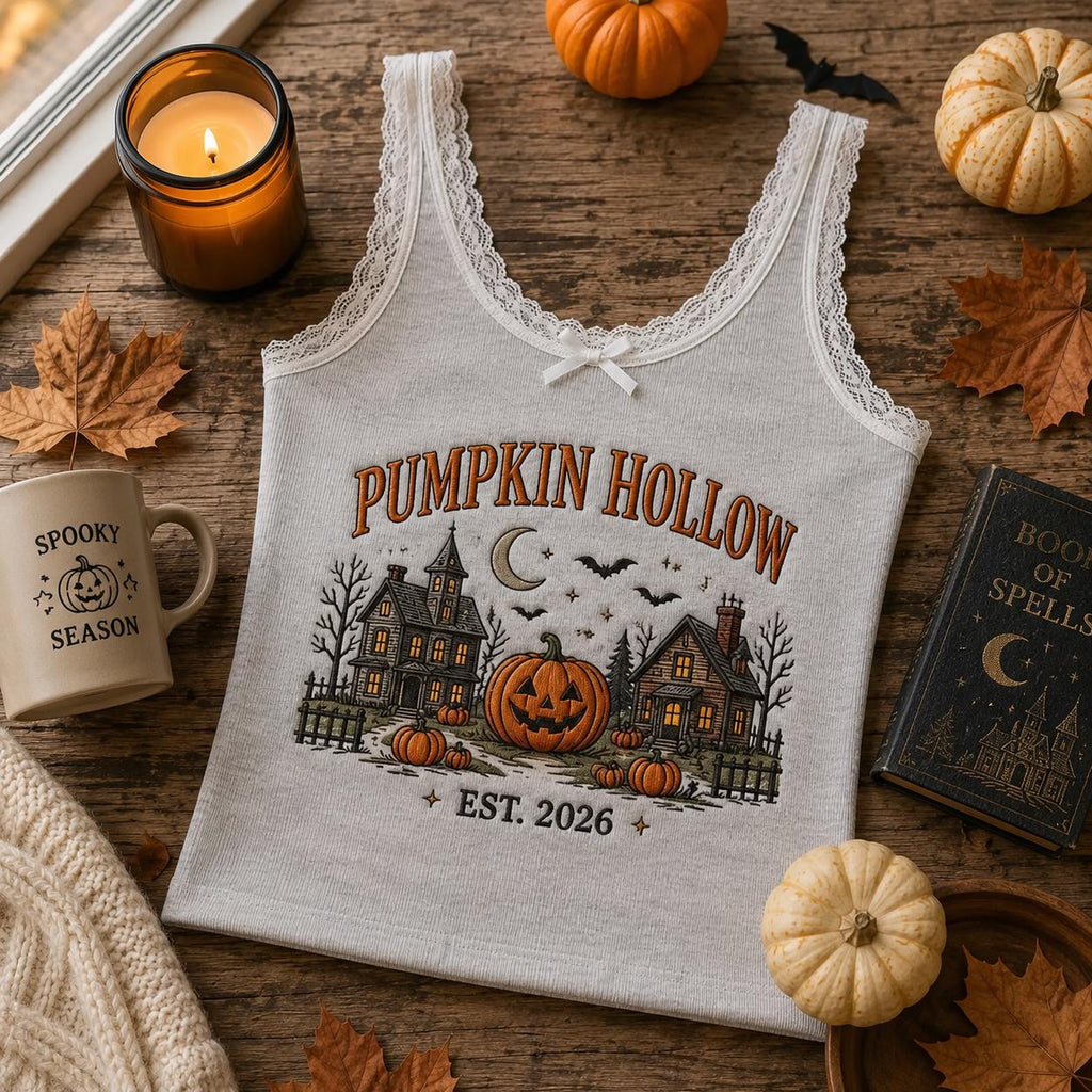 Pumpkin Hollow Tank Top, Embroidered Halloween Lace Trim Cami, Custom Spooky Fall Shirt, Pumpkin Season Gift