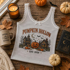 Pumpkin Hollow Tank Top, Embroidered Halloween Lace Trim Cami, Custom Spooky Fall Shirt, Pumpkin Season Gift