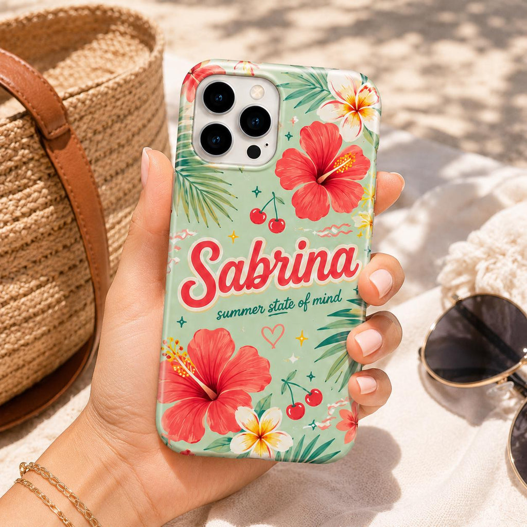 Personalized Tropical Flower Phone Case, Custom Name Summer Case, Hibiscus Floral Vacation Gift
