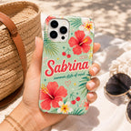 Personalized Tropical Flower Phone Case, Custom Name Summer Case, Hibiscus Floral Vacation Gift