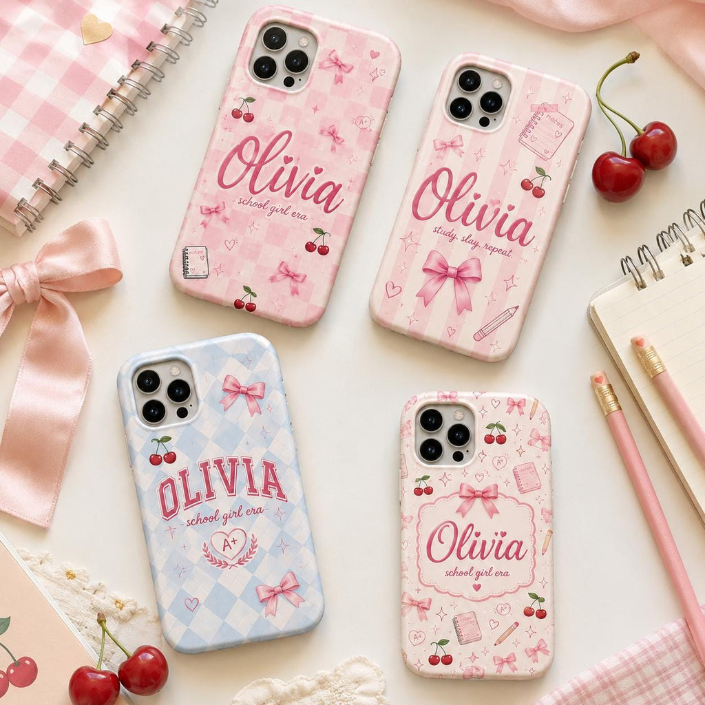 Personalized Name Phone Case, Pink Bow School Girl Era Design