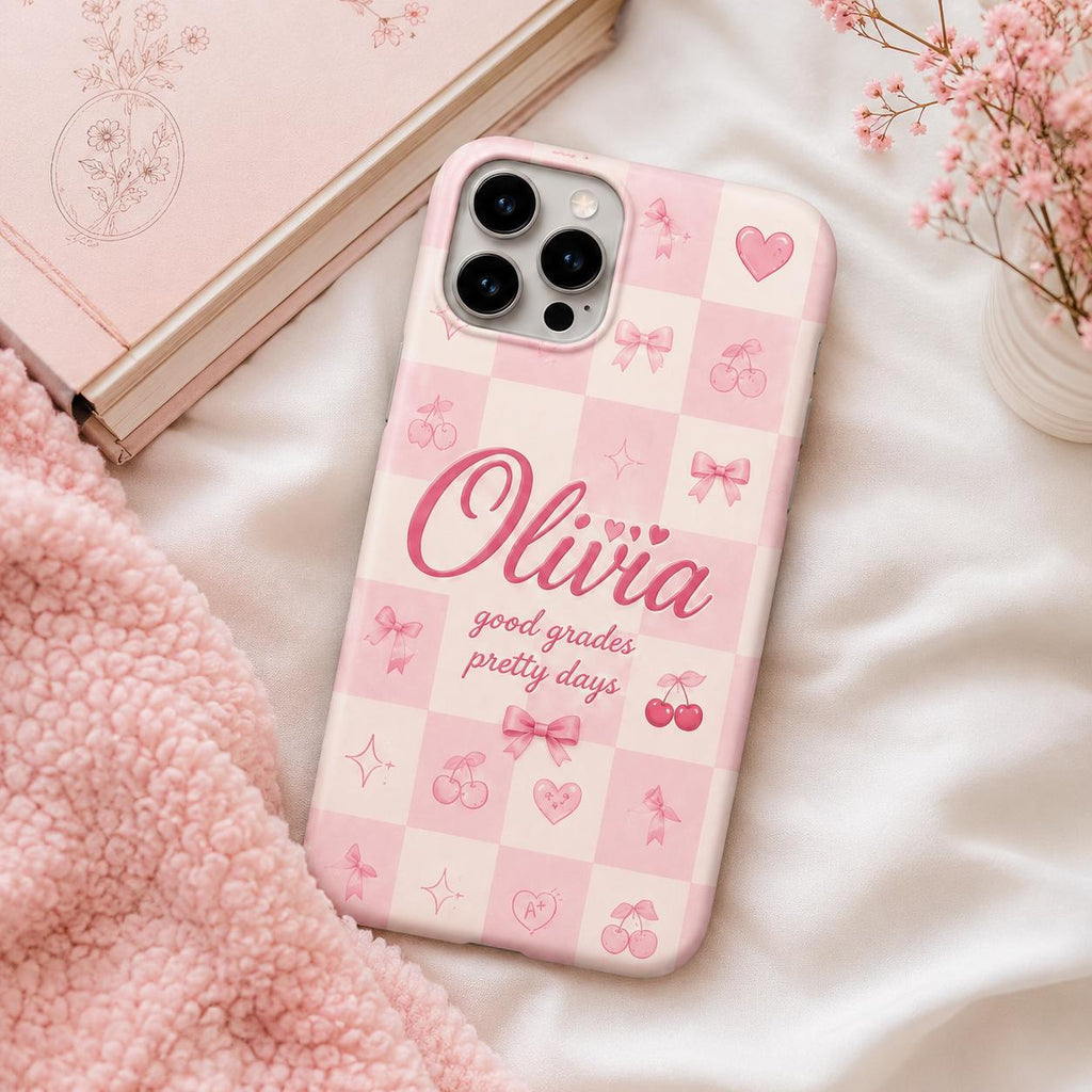 Personalized Name Phone Case, Pink Bow School Girl Era Design
