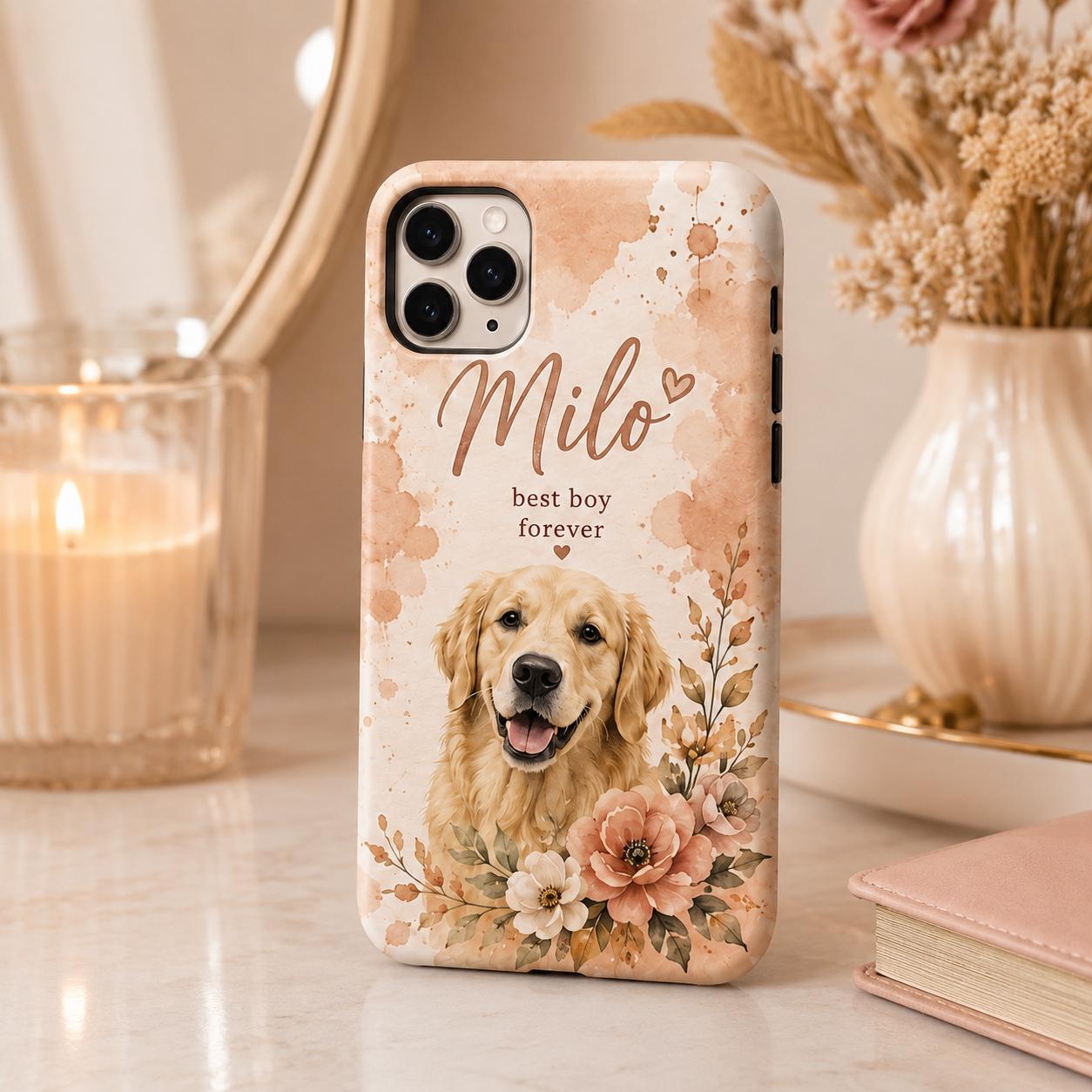 Personalized Pet Photo Phone Case, Custom Dog Portrait, Floral Memorial Gift